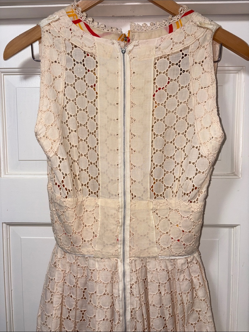 VINTAGE OOAK Cream Lace Maxi Dress with Yellow & Red Plaid Trim - Picture 8 of 11